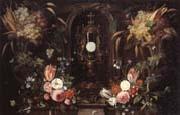 Jan Van Kessel, Still life of various flowers and grapes encircling a reliqu ary containing the host,set within a stone niche